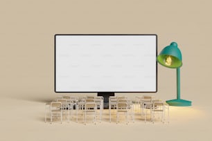 computer screen with school desks in front of it and a desk lamp illuminating it. concept of online education, technology, learning and studying. 3d rendering