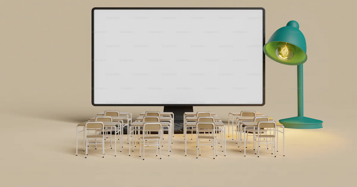 Computer screen with school desks in front of it and a desk lamp ...