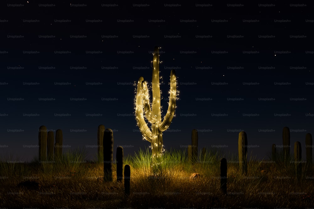 クリスマスイルミネーションと星空で飾られたサボテンのある砂漠の夜景。3Dレンダリング