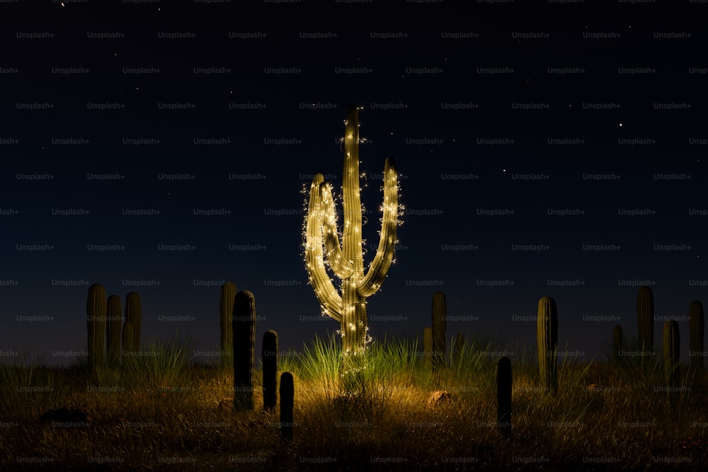 night scene of a desert with a cactus decorated with Christmas lights and a starry sky. 3d rendering