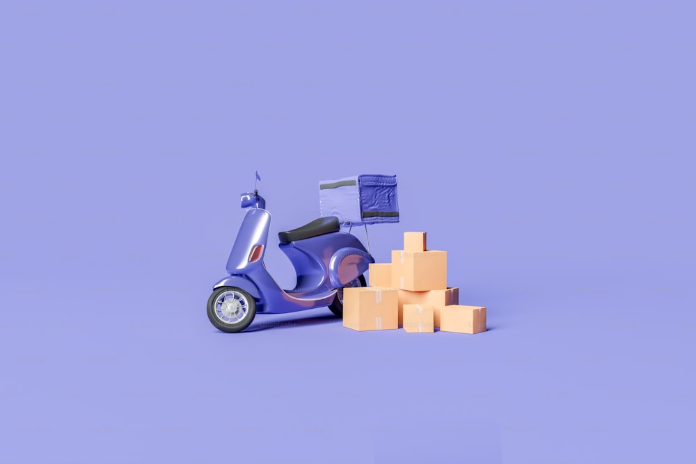 scooter de entrega com mochila e pacotes de envio ao lado dele. conceito de entrega ao domicílio, compras online, rapidez e atendimento. Renderização 3D