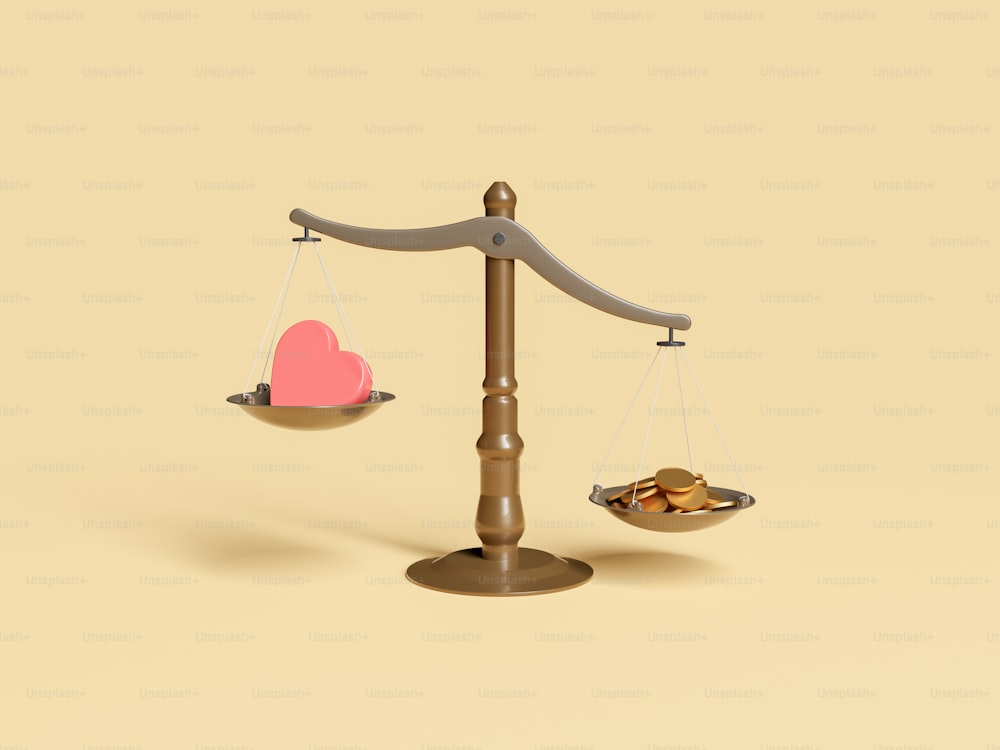 scale with a heart on the lighter side and coins on the heavier side. concept of economy, health, love and priorities. 3d rendering