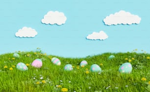 Wiese mit Blumen und versteckten Ostereiern und Himmel mit künstlichen Wolken. 3D-Rendering