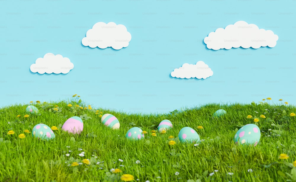 meadow with flowers and hidden easter eggs and sky with artificial clouds. 3d rendering