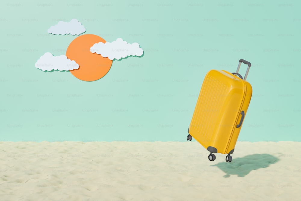 人工の空の背景にビーチの砂の上に浮かぶスーツケース。テキスト用のスペース。休暇、夏、旅行、ビーチ、暑さのコンセプト。3Dレンダリング