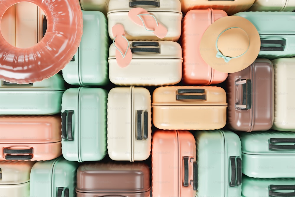 pattern of many suitcases stacked with summer travel accessories. concept of travel, summer, vacation, family, friends and destinations. 3d rendering