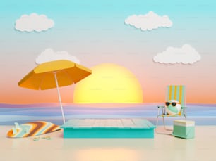 Holzständer für Produktpräsentation mit Strandzubehör und künstlichem Sonnenuntergang im Hintergrund. 3D-Rendering