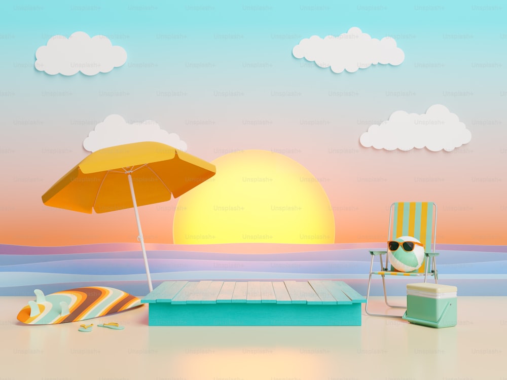 背景にビーチアクセサリーと人工の夕日を持つ製品展示用の木製スタンド。3Dレンダリング