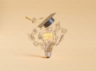 3d illustration of broken in pieces glowing glass bulb in graduation hat for concept of idea and education on beige background