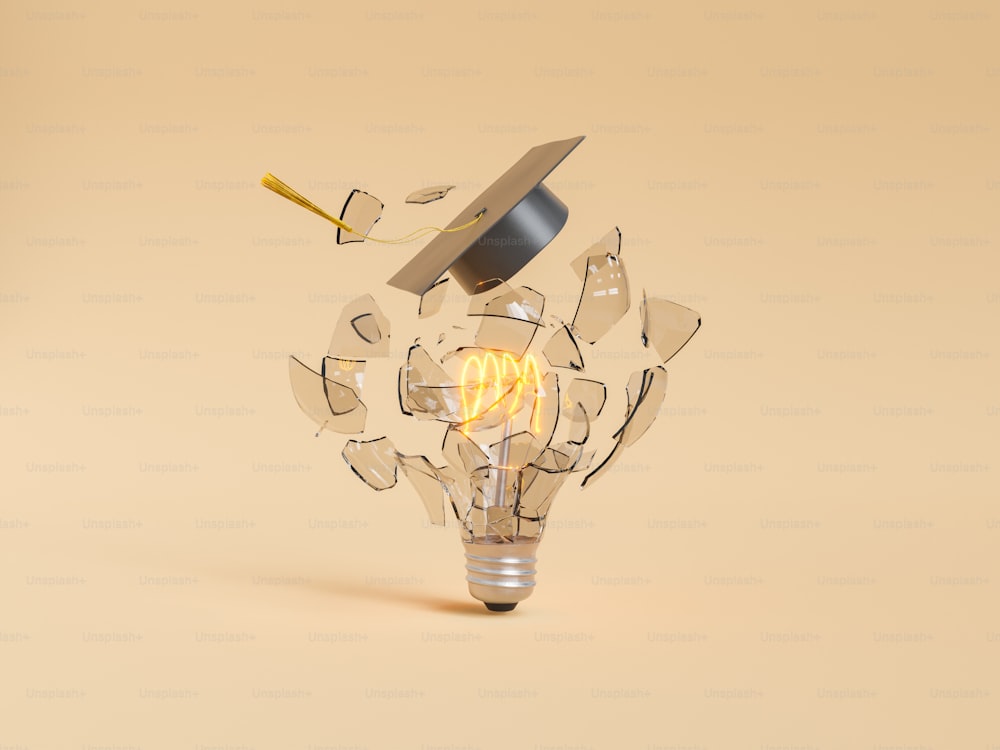 3d illustration of broken in pieces glowing glass bulb in graduation hat for concept of idea and education on beige background