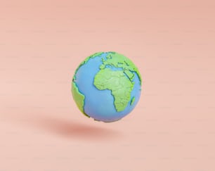 푸른 바다와 녹색 대륙이 생태 개념으로 분홍색 배경에 떠 있는 행성 지구의 3D 그림