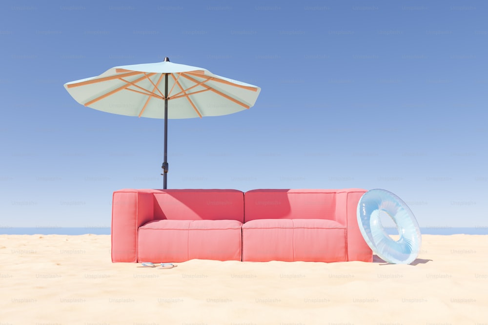 우산과 맑은 하늘이 있는 황량한 해변에 있는 외로운 소파. 3D 렌더링