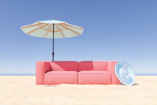 人けのないビーチの傘と澄んだ空を持つ孤独なソファ。3Dレンダリング