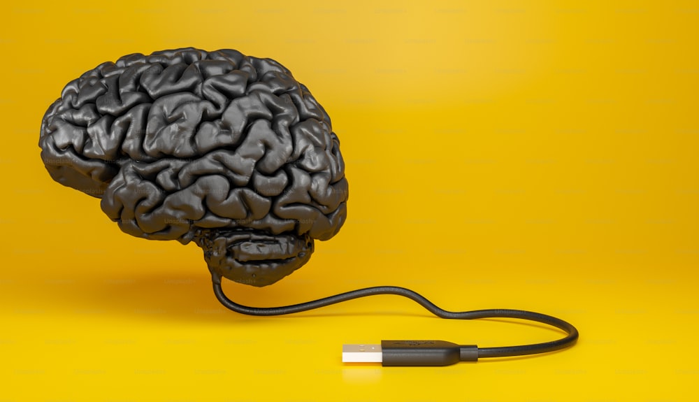 노란색 배경에 연결된 USB ��케이블로 어두운 물질로 만들어진 인간의 두뇌를 표현합니다. 3d 그림