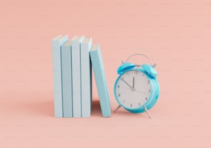 row of pastel colored books with an alarm clock. minimal concept of learning, reading time and back to school. 3d rendering