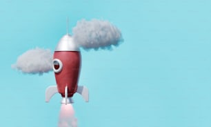 Foguete vermelho decolando com nuvens ao redor e espaço para texto no conceito de startup, sucesso e lançamento. Renderização 3D