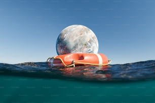 lifebuoy floating in the sea with a planet on top and views of the seabed. concept of climate change, global warming, environment and saving the planet. 3d rendering