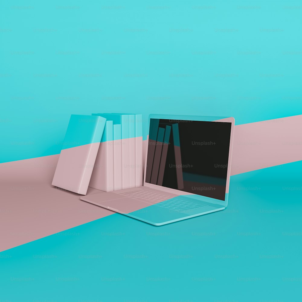 laptop with books next to it and a pastel pink band running through them. minimal concept of online education, learning, reading and online library. 3d rendering