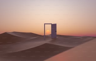 Puerta abierta en medio del desierto con puesta de sol detrás. Concepto minimalista. Renderizado 3D