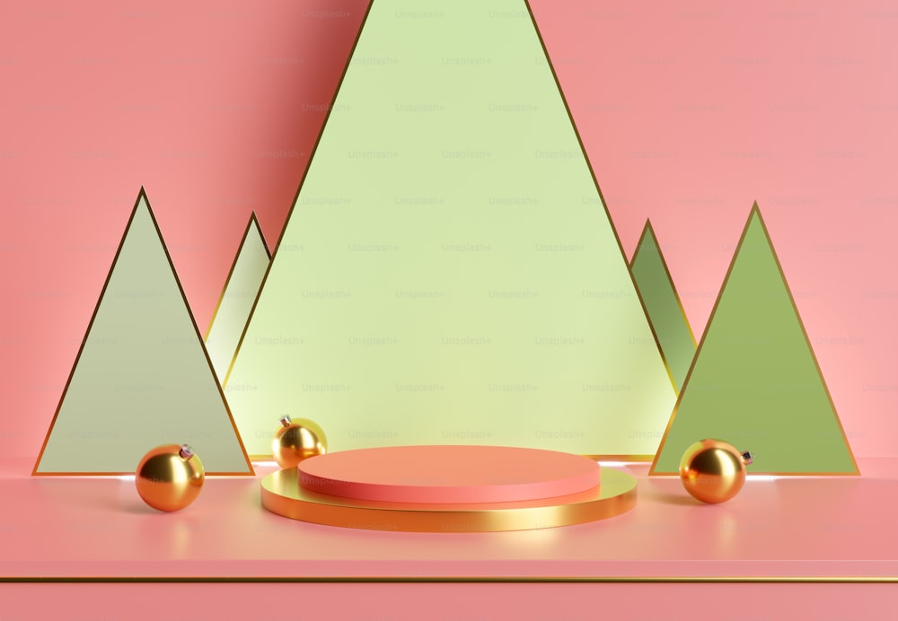Base cylindrique pour l’affichage des produits avec boules de Noël et formes géométriques rétroéclairées en arrière-plan. Podium de Noël. Rendu 3D
