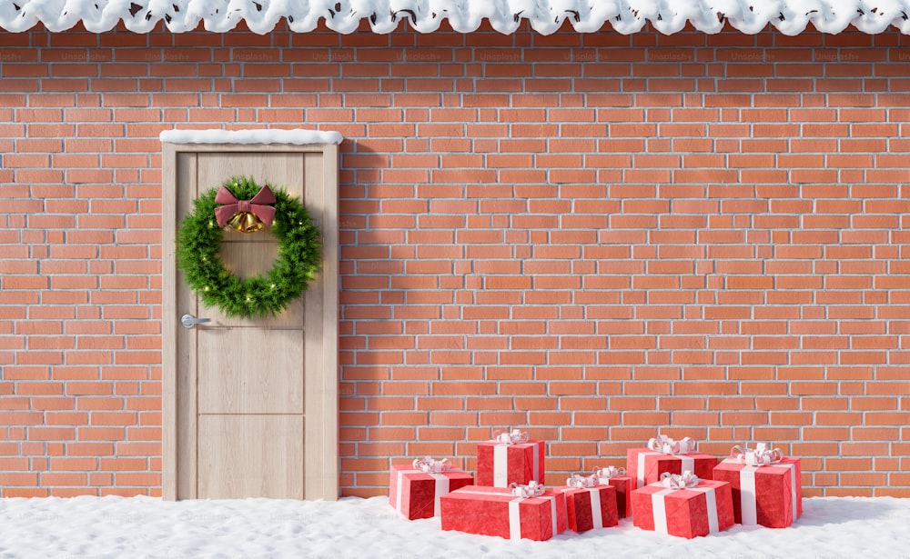 장식된 문과 크리스마스 선물이 있는 집의 빈 정면. 복사 공간. 3D 렌더링