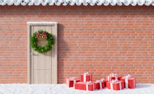 Facciata vuota di una casa con una porta decorata e regali di Natale a terra. spazio di copia. Rendering 3D