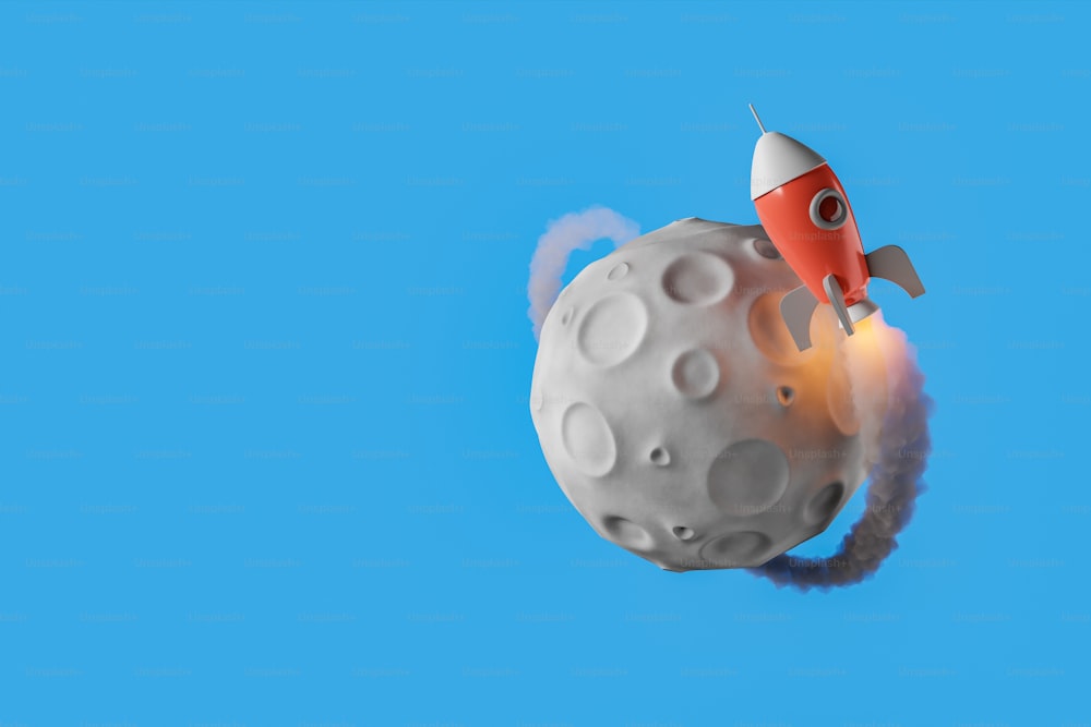 달을 공전하고 연기의 흔적을 남기는 작은 로켓. 복사 공간. 3D 렌더링