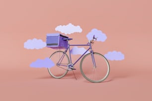 Bici da consegna in colore "VERY PERI" con zaino e nuvole piatte intorno. Rendering 3D