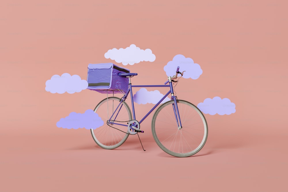 Bicicleta de reparto en color "muy peri" con mochila y nubes planas alrededor. Renderizado 3D