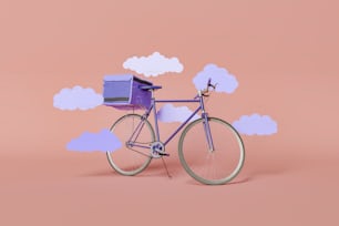 delivery bike in "very peri" color with backpack and flat clouds around. 3d rendering