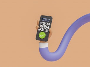 dibujos animados mano flexible sosteniendo un tel�éfono móvil con pasaporte COVID. Concepto de vacaciones, incertidumbre, pandemia y viajes. Renderizado 3D