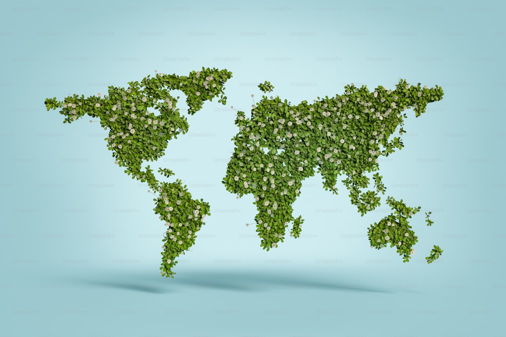 푸른 배경의 식물과 꽃의 세계 지도. 3D 렌더링