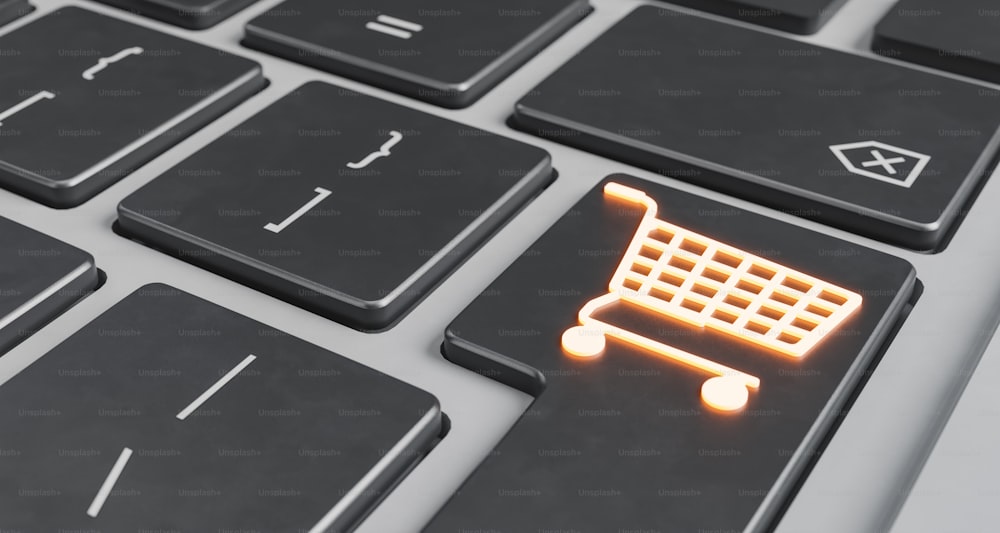 Primo piano di un simbolo luminoso del carrello della spesa sul tasto Invio di un laptop. Concetto di e-commerce, business online, dropshipping, offerte e tecnologia. Rendering 3D
