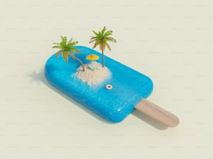 mar em forma de sorvete e uma ilha no centro com cadeira de praia e palmeiras. conceito de verão, férias, resorts, tropical, viagens e refrescamento. Renderização 3D