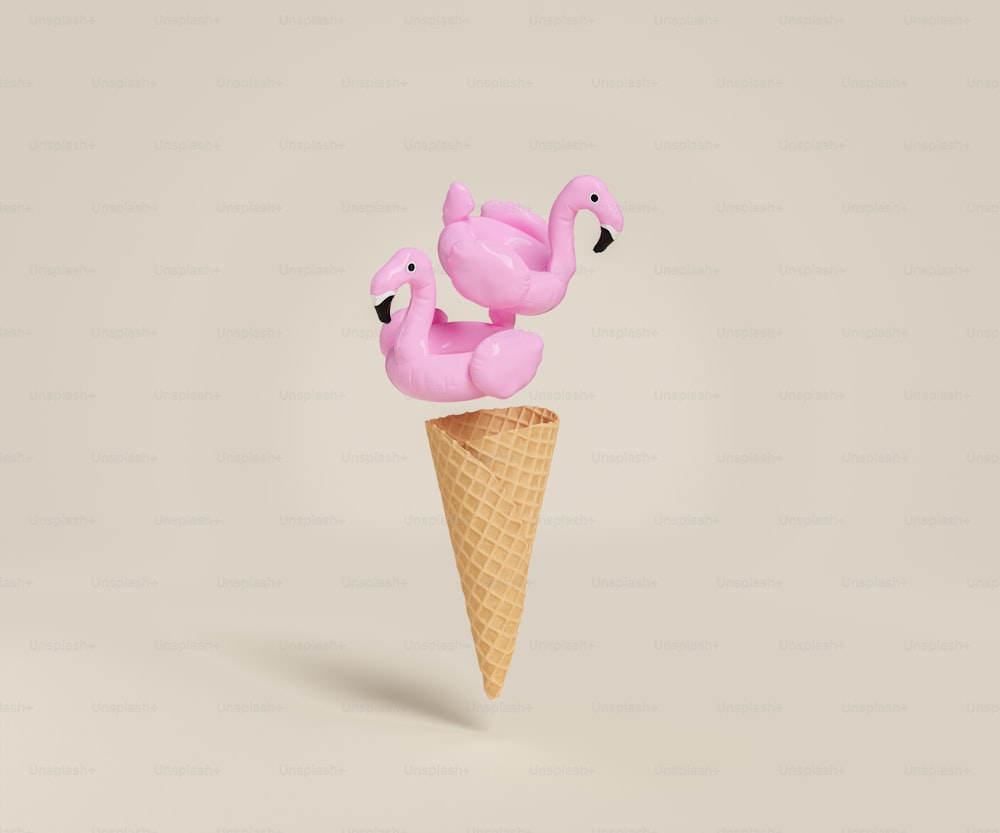 Flamingo flotte suspendu au-dessus d’un cornet de crème glacée aux biscuits. Rendu 3D