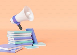 Illustrazione 3d creativa di un mucchio di libri per lo studio e la ricerca con megafono per fare annunci ad alta voce su sfondo beige