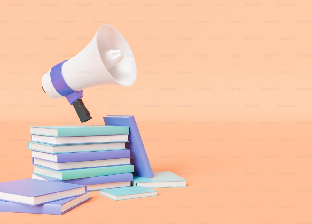 Ilustración 3D creativa de un montón de libros para estudiar e investigar con megáfono para hacer un anuncio fuerte sobre fondo beige