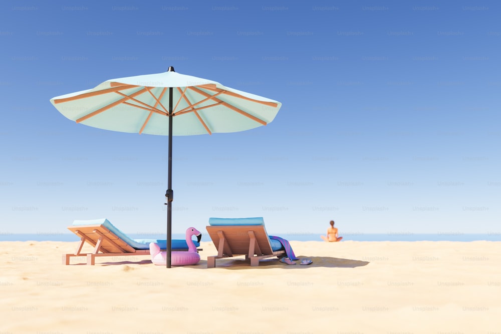3D illustration of loungers with flamingo tube and umbrella located on sandy beach against cloudless blue sky
