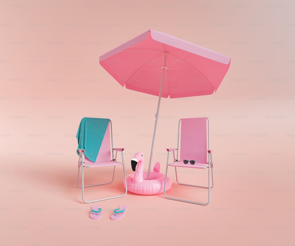 pink monochromatic scene of two folding chairs with sunshade and a flamingo float in the center on a studio background. 3d rendering