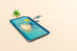 Von oben 3D-Rendering der Palme mit Sonnenliege und Sonnenschirm auf der Insel, umgeben von welligem Meer auf dem Bildschirm des modernen Smartphones an einem sonnigen Tag