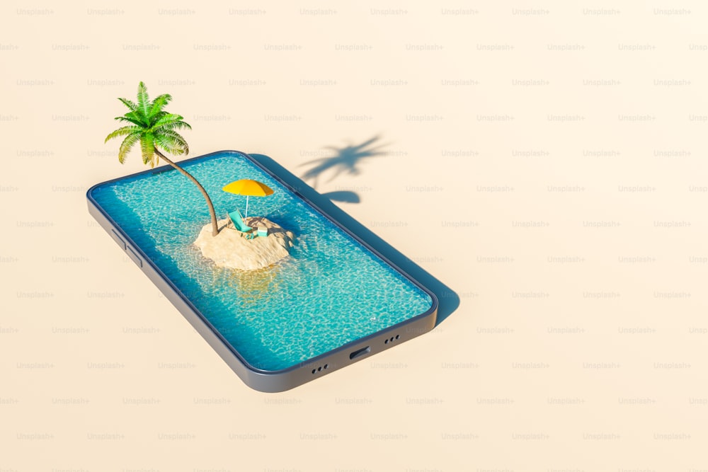 위에서 화창한 날에 현대 스마트폰의 화면에 물결 모양의 바다로 둘러싸인 섬에 선베드와 파라솔이 있는 야자수의 3D 렌더링