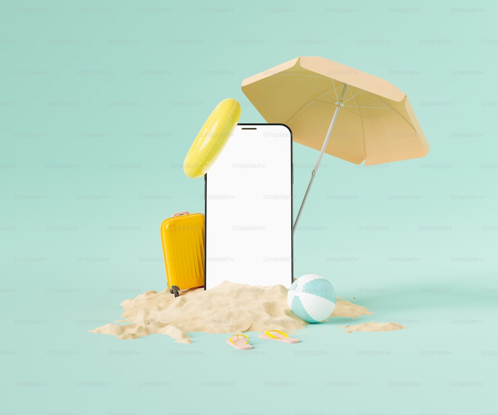 3D illustration of cellphone with blank screen placed in heap of stone amidst various beach supplies during summer vacation against mint background