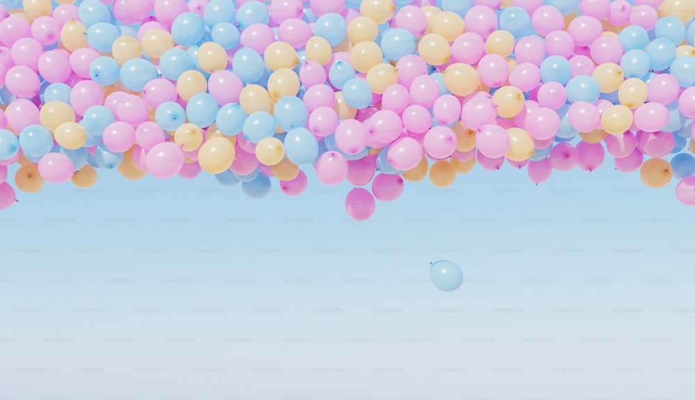 fundo cheio de balões de cor pastel voando com céu claro e espaço para texto. Renderização 3D