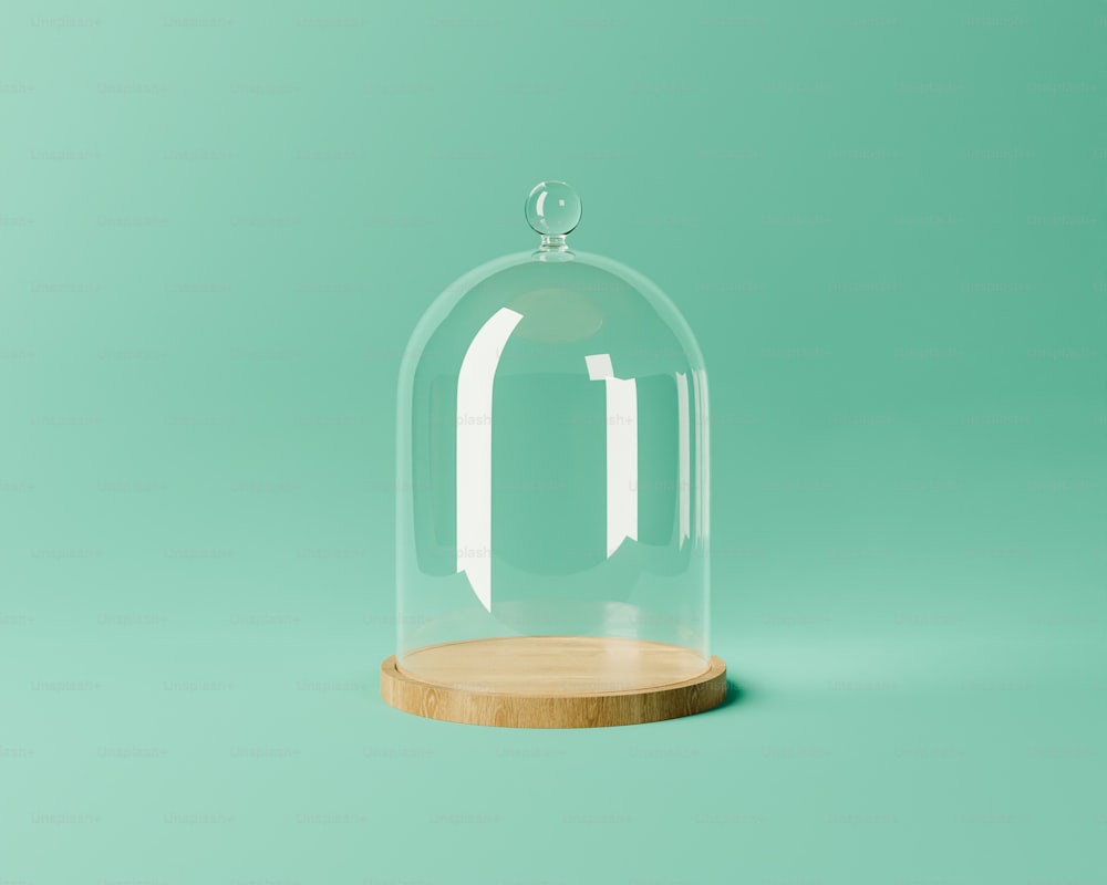 Soporte para la exhibición del producto cubierto por una cúpula de vidrio con reflejos. Renderizado 3D
