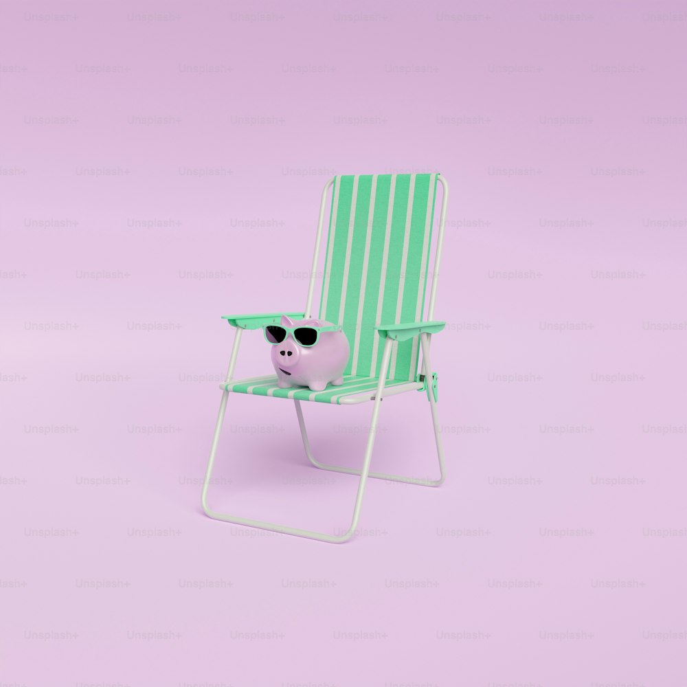 cofrinho rosa com óculos de sol em uma cadeira de praia com fundo pastel liso. conceito de poupança de férias de verão. mínimo. Renderização 3D