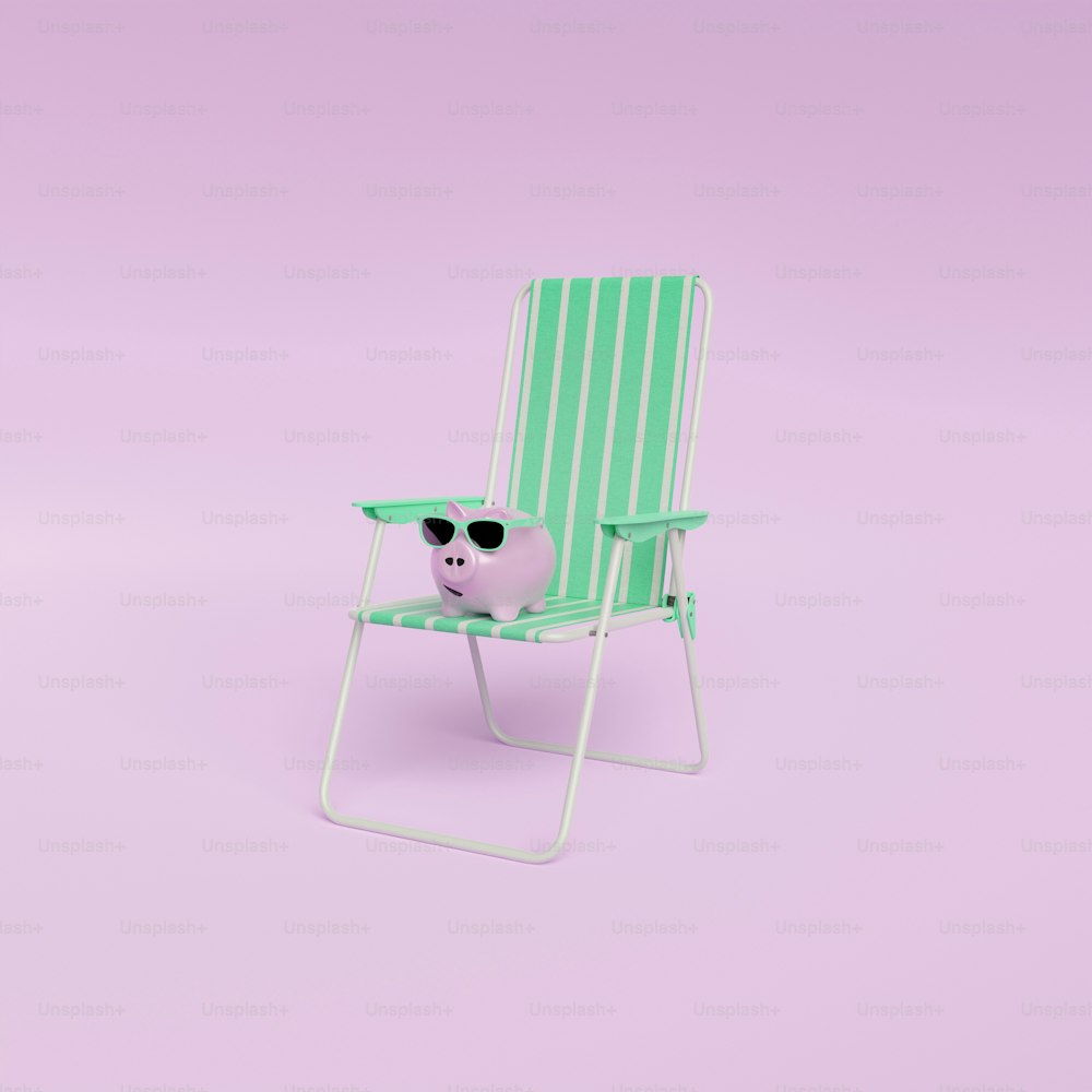 pink piggy bank with sunglasses on a beach chair with plain pastel background. summer vacation savings concept. minimal. 3d render