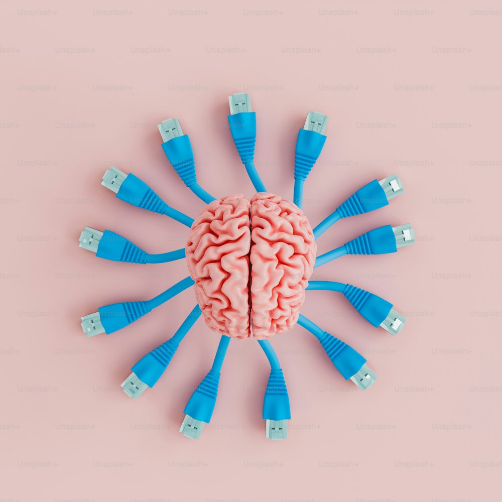 vista superior de um cérebro com cabos de rede conectados. conceito de tecnologia, IA e ideias. Renderização 3D