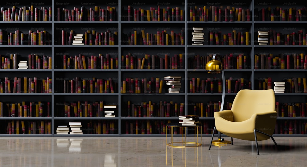 Eleganter Lesesaal mit Bibliothek und Sessel zum Entspannen. Platz für Text. 3D-Rendering