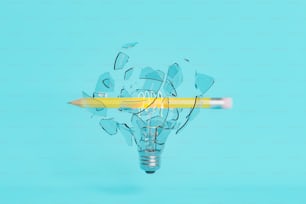 broken light bulb with a pencil running through it at full speed. concept of ideas, creativity, brainstorming and education. 3d rendering