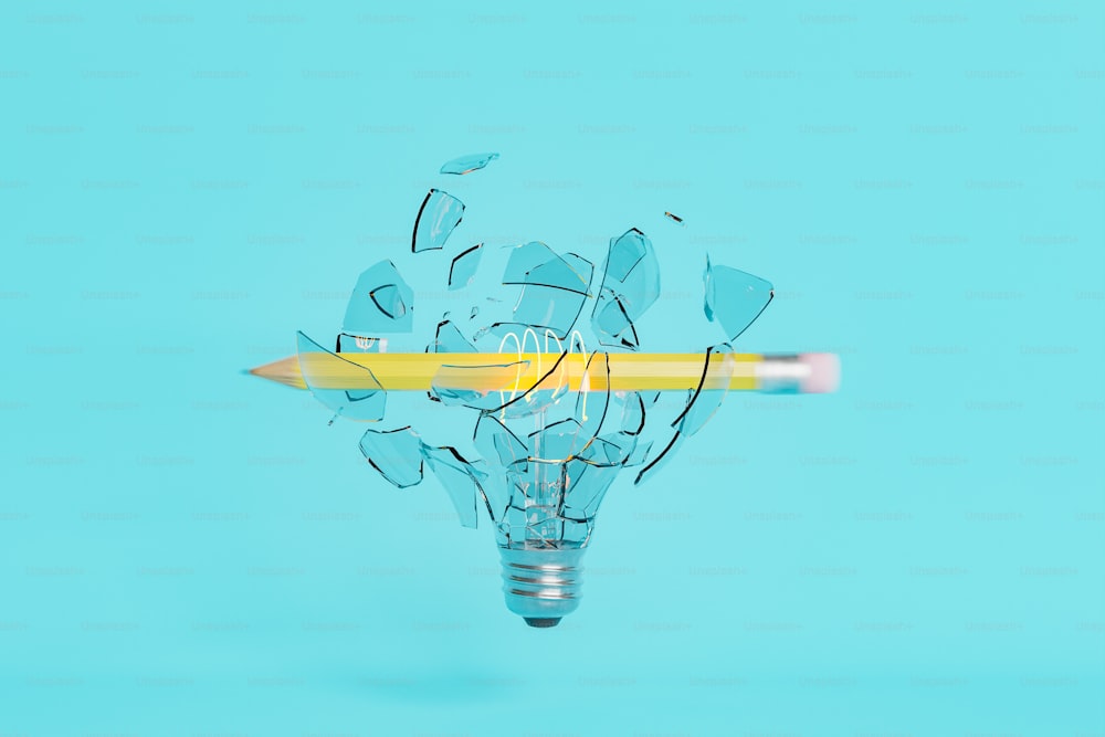 broken light bulb with a pencil running through it at full speed. concept of ideas, creativity, brainstorming and education. 3d rendering